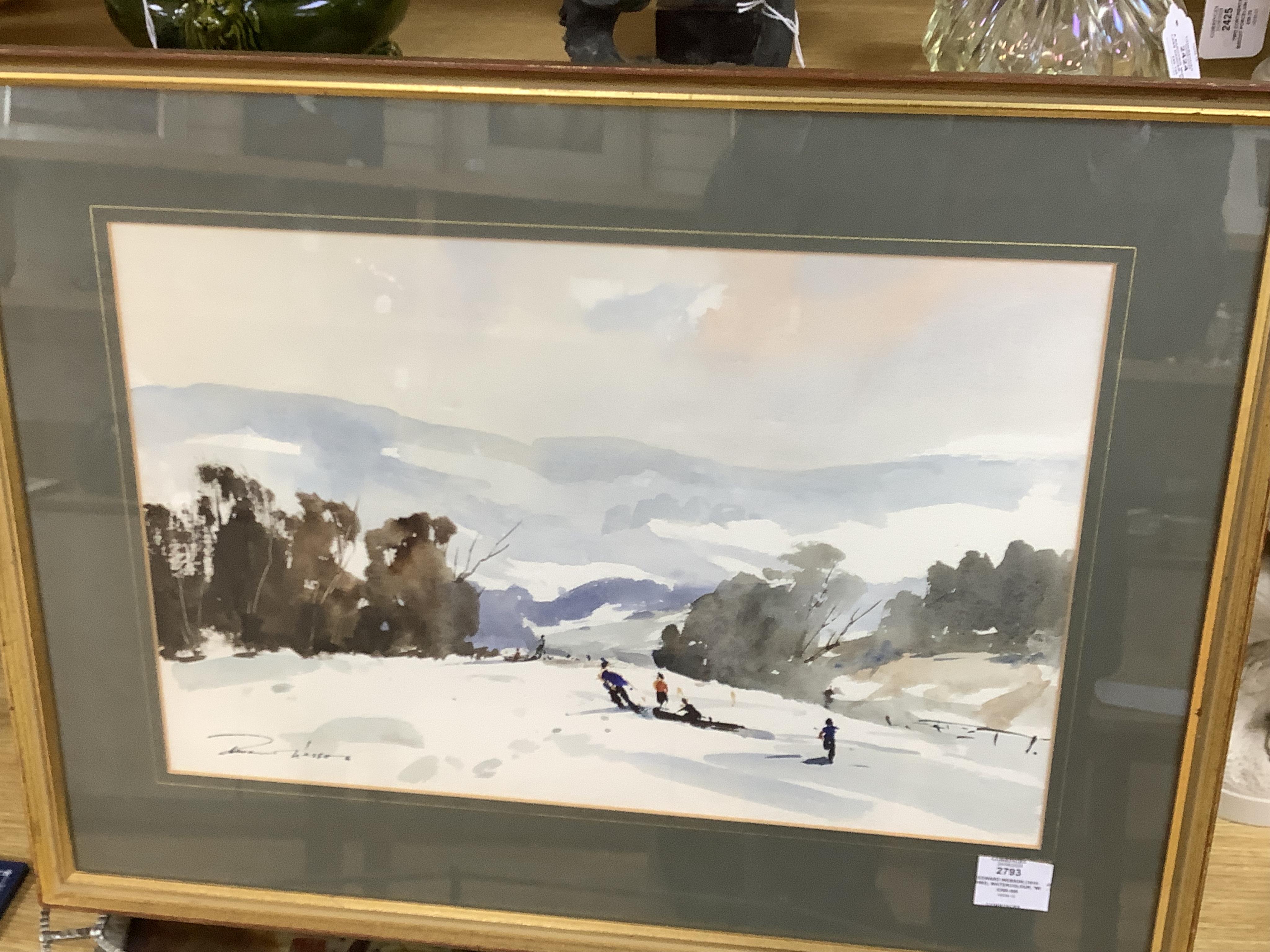 Edward Wesson (1910-1983), watercolour, 'Winter sports at Surrey' signed, Fine Arts label verso, 33 x 49cm